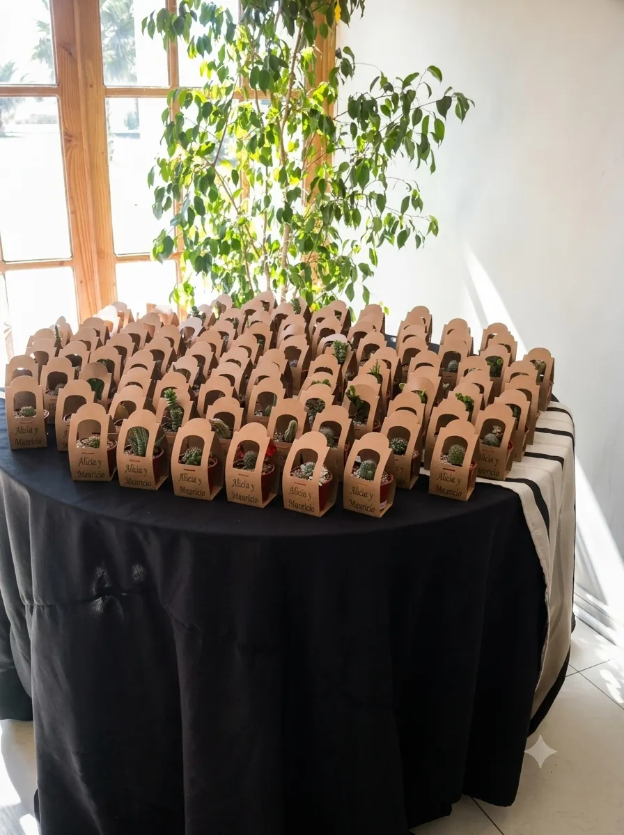 Mesa con regalos ecológicos listos para un evento corporativo